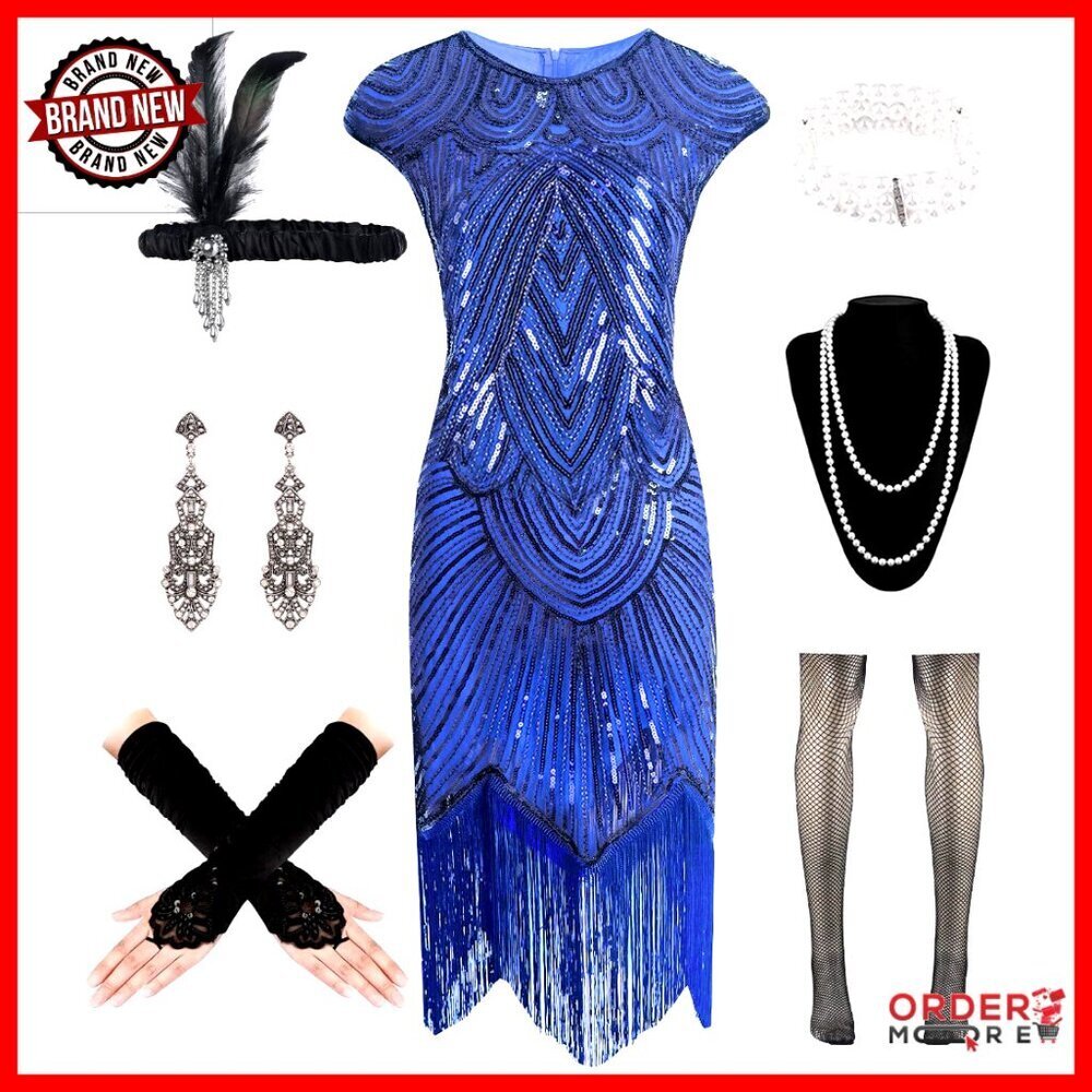 Vintage 1920s Flapper Dress Sequin Fringe Cocktail Costume Set